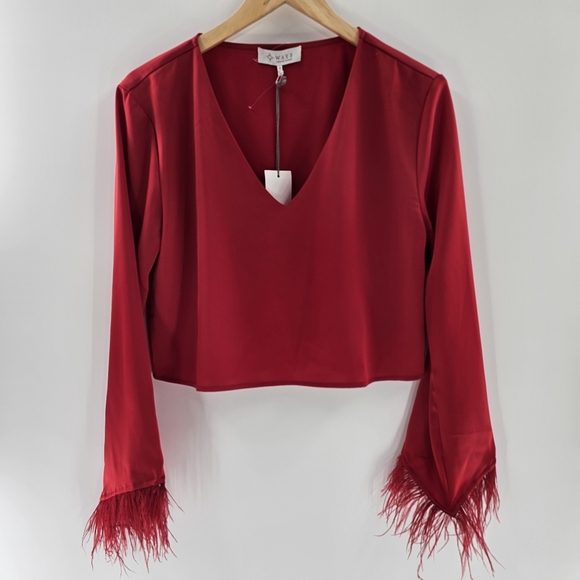 Wayf Tops - WAYF Red Long Sleeved Feather-Trim Cropped Satin V-Neck Top Womens Size Small